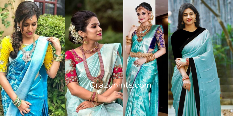 Light Sky Blue Saree Contrast Blouse Designs